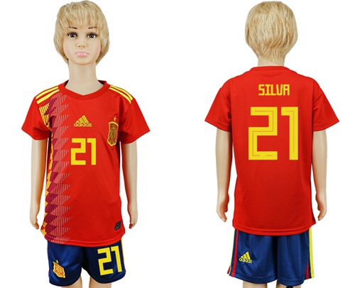 Spain #21 Silva Red Home Kid Soccer Country Jersey